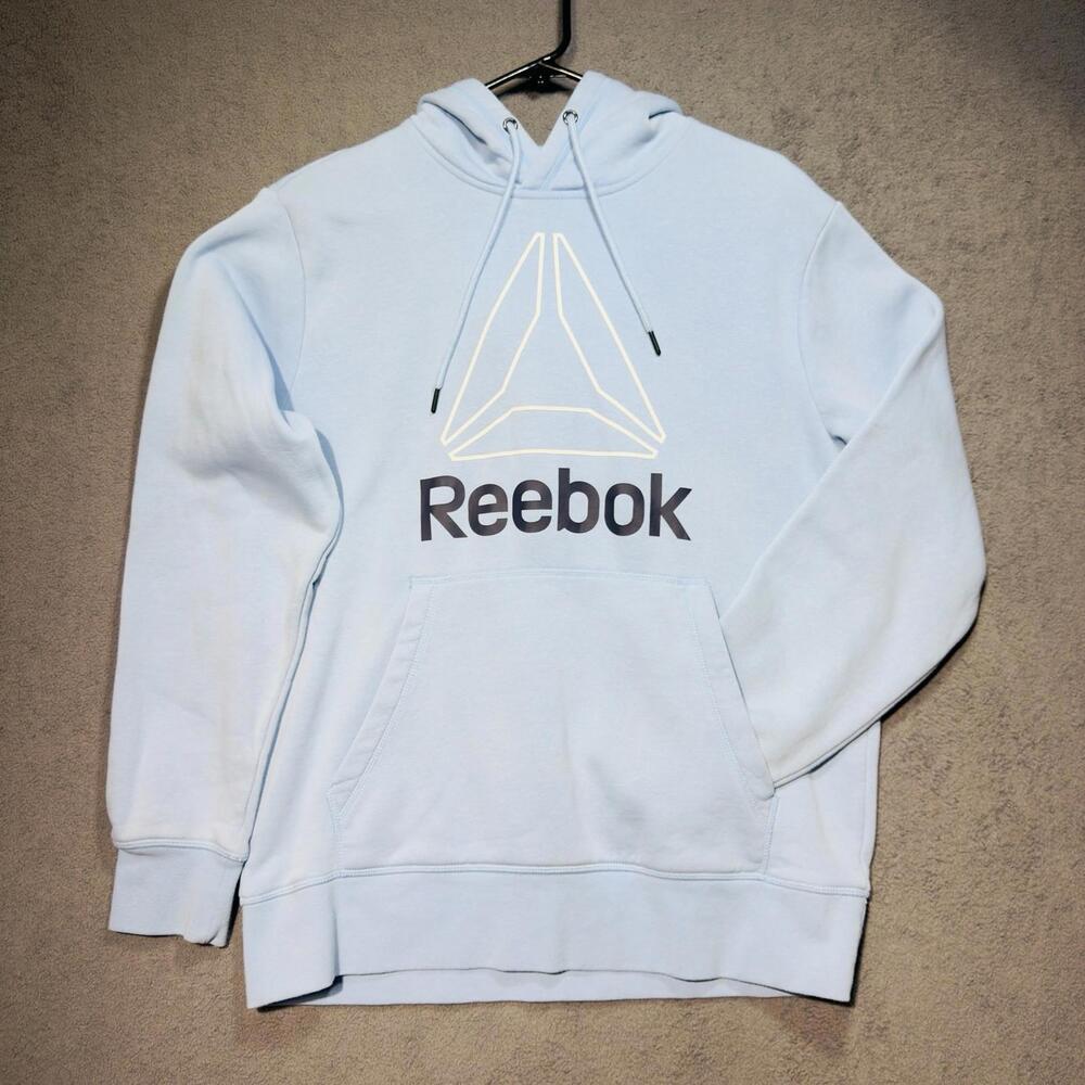 Reebok Mens M Delta Logo Active Hoodie Sweatshirt Light Blue Kangaroo‎ Pocket
